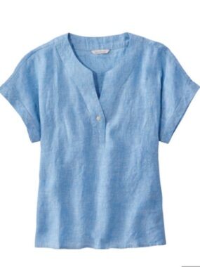L.L. Bean Signature Womens XS Linen Solid Blue Popover V Neck Short Sleeve